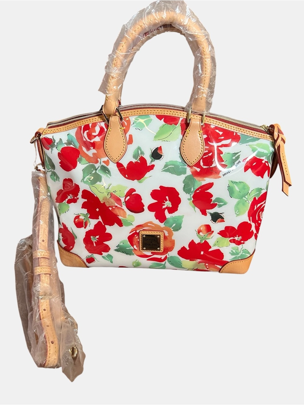 Dooney & Bourke Red & Green Floral Satchel with Tan Trim